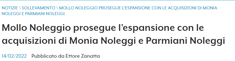 Mollo Noleggio prosegue l’espansione con le acquisizioni di Monia Noleggi e Parmiani Noleggi