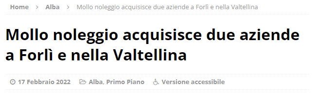 Articolo Mollo Noleggio Acquisisce Due Aziende A Forlì E Nella Valtellina